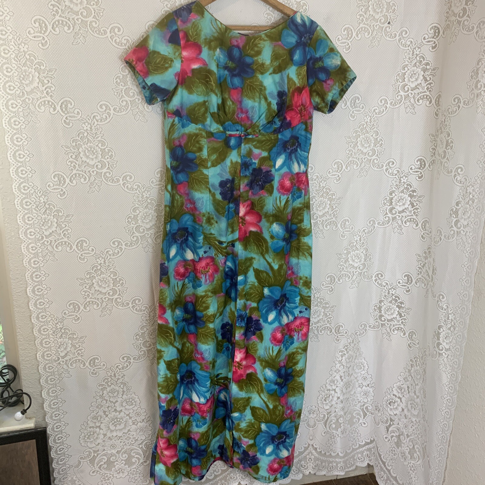 Vintage 50’s Alice PolynesianFloral Maxi dress with drape in the back Size L
