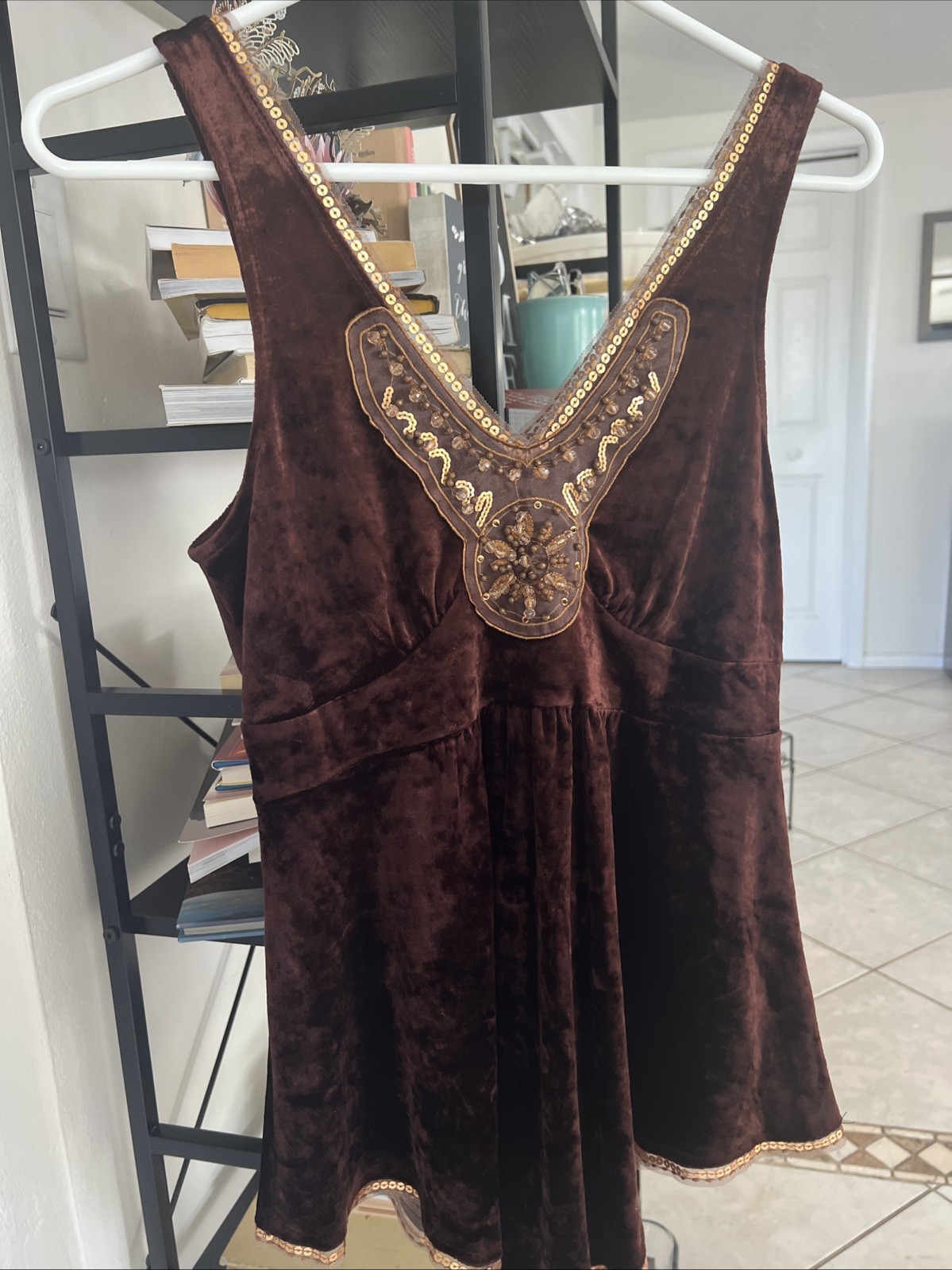 Vintage Express, Brown, Gold Sequins And Beads, Boho, Summer Top, Sz S. Sweet!