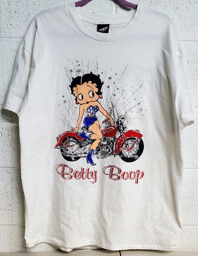 DIAMOND DUST Betty Boop Glitter Motorcycle Graphic Women T Shirt L White ’94 Rad