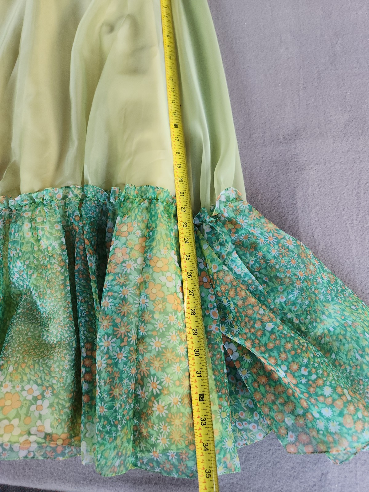 Vintage 60s Floral Chiffon Maxi Dress Ruffle Flutter Capelet Yellow Green Party