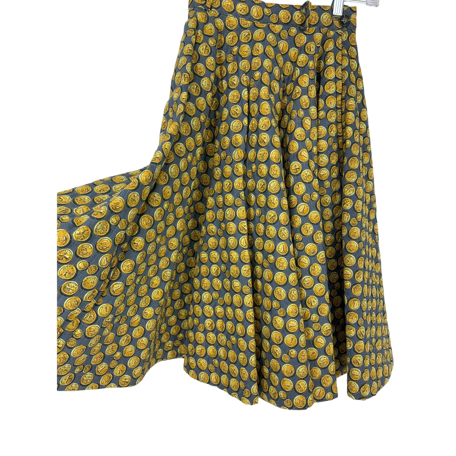 Vintage 50s Women’s XXS/XS Quilted Coin Print Novelty A-Line Skirt Yellow Gray