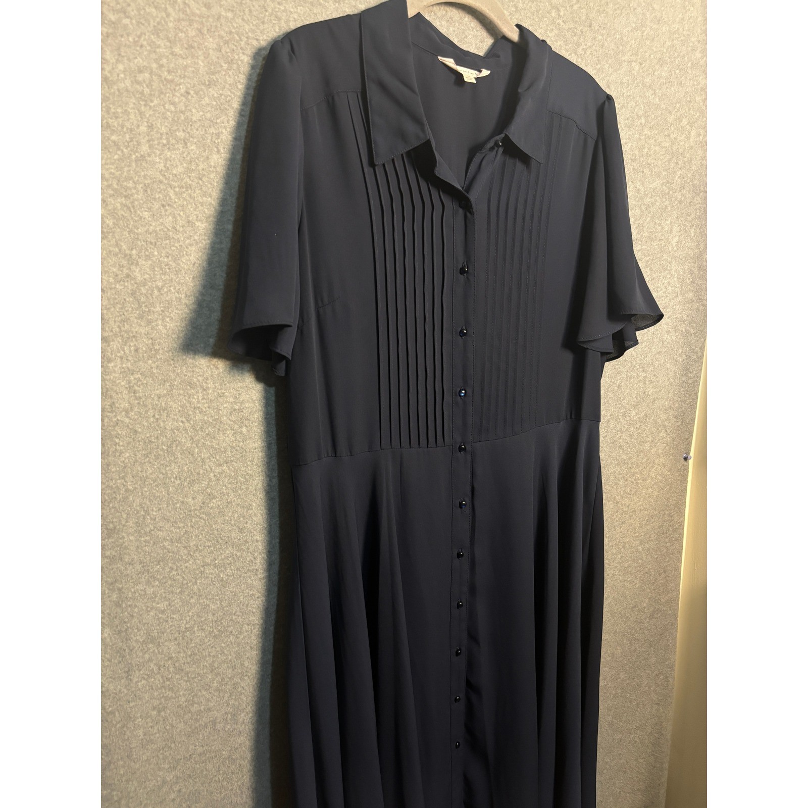 Nanette Lepore Vintage Blue Pleated Midi Dress Button Front Sheer Sleeve 16