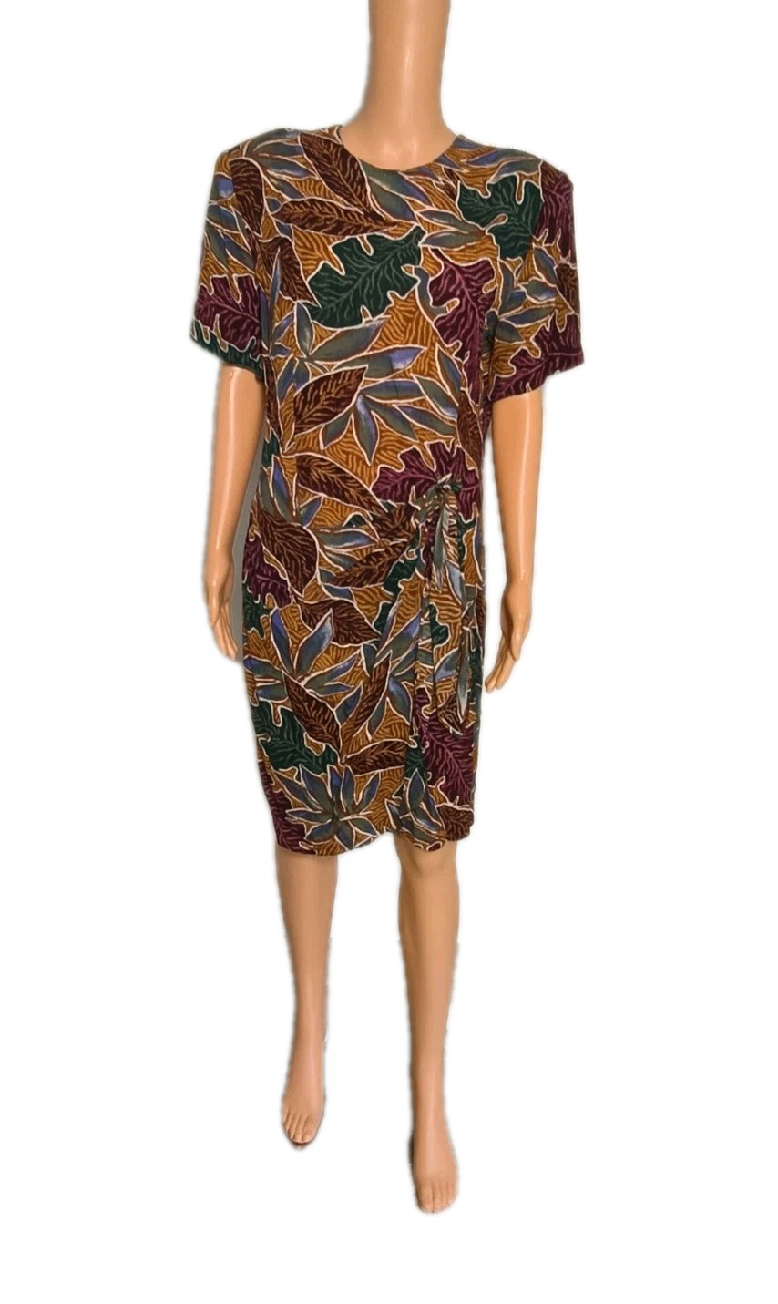 Vintage 80s/90s Tropical Leaf Midi Dress Alexis Fashions 100% Rayon Size 11 / 12
