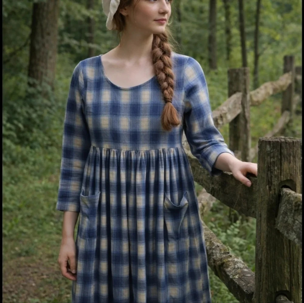 Vtg Blue Plaid Flannel Scoop Neck Long Dress Sz Large Pockets Cottagecore Modest