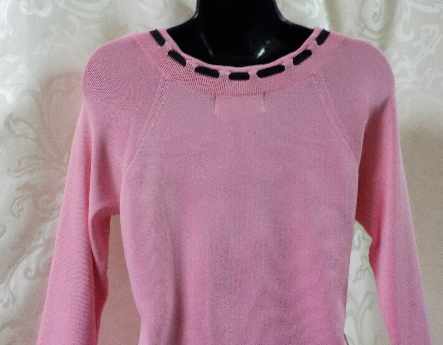Vintage Joseph A. 1990’s Top Size M Pink Black Ribbon Trim 3/4 Sleeve Viscose Bl