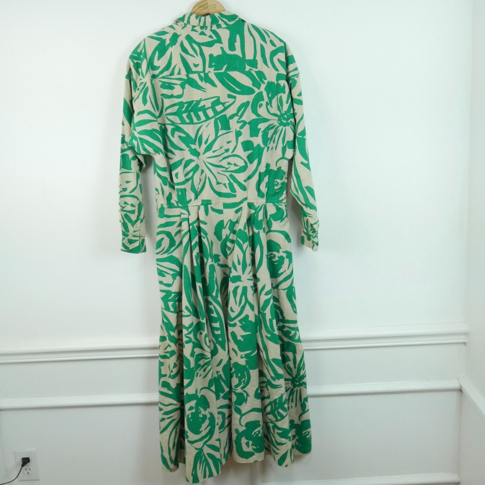 Vintage 80s Linen Blend Shirt Dress Modest Fit Flare 12 Resort Tropical Retro