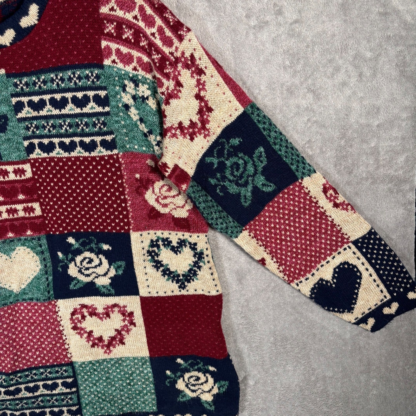 Classic Elements Vintage 90s Patchwork Heart Rose Knit Sweater Petite Large USA