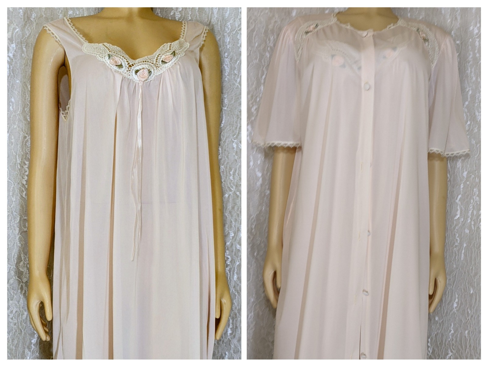 VTG Pink Silky Soft Lorraine Bust Nylon Lingerie Nightgown and Peignoir SET L