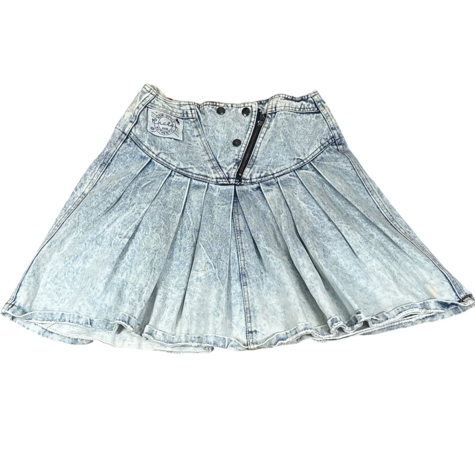 80s 90s Acid Wash Denim Skirt Light Wash Pleated High Waist Vintage Retro Women