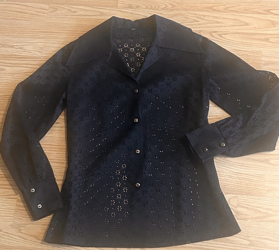 Vintage Black Eyelet Lace Shirt Dark Cottagecore Coquette Cutwork Blouse Western