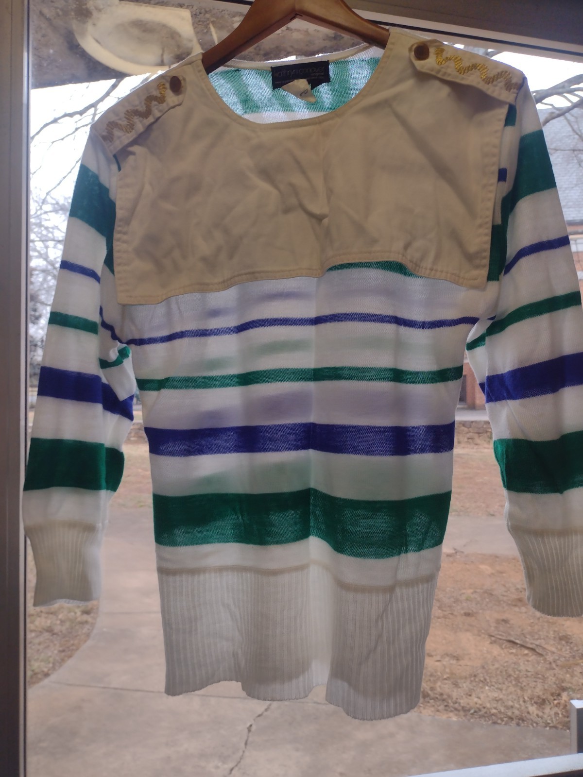 VTG 70s Kathryn Conover Sailor Collar Nautical Sweater M Hong Kong Blue Green