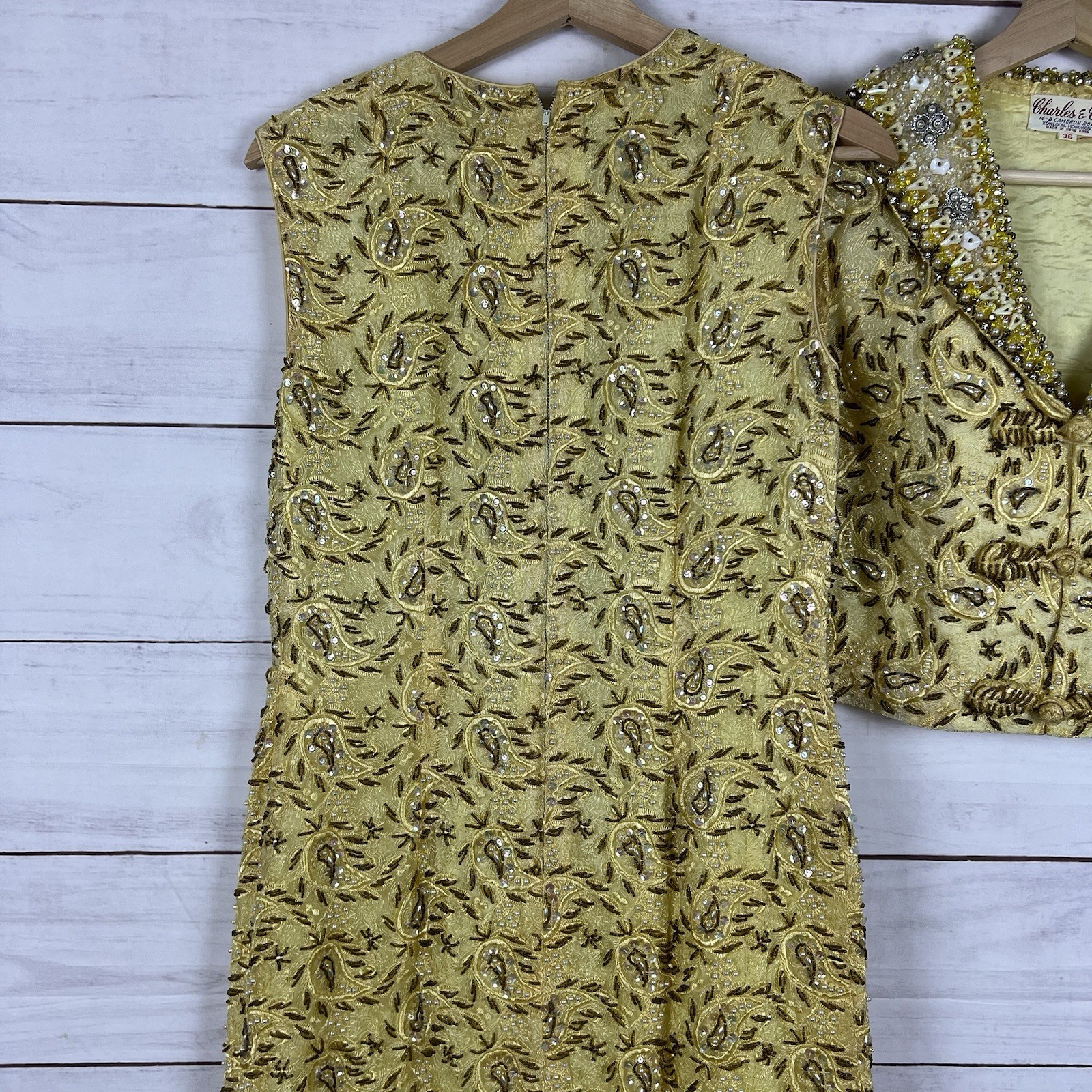 Vintage 50s 60s Charles & Co. Gold Beaded Dress and Jacket Both Size 36