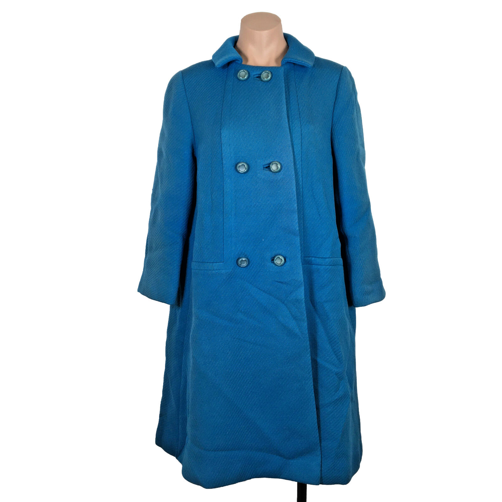 Marki NY Classy Vtg 1940s Style Long Blue Wool Swing Dress Coat Womens Sz S/M