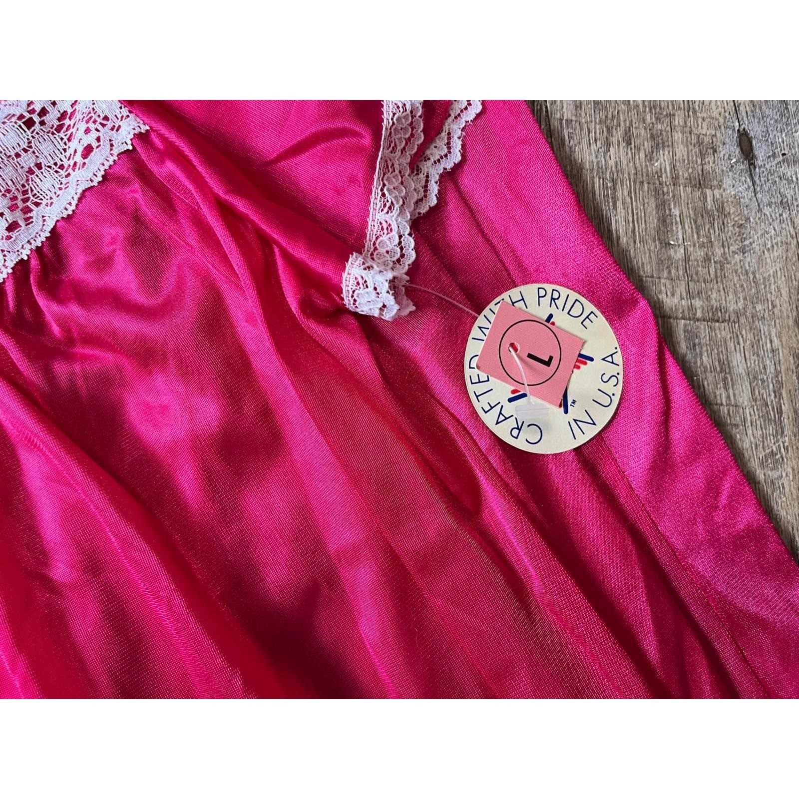 Natalie Creations Vintage Pink Satin Nightgown Lace Flutter Sleeve Maxi Large
