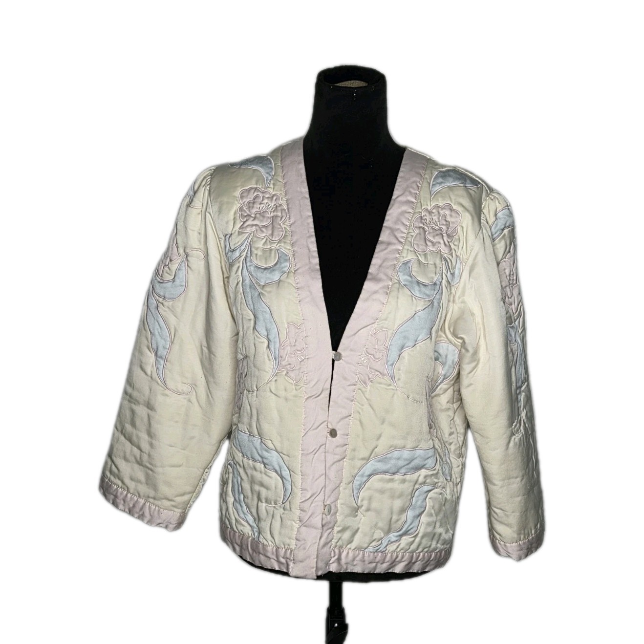 VTG Natori Quilted Housecoat Floral Appliqué Satin Lounge Bed Jacket No Size Tag