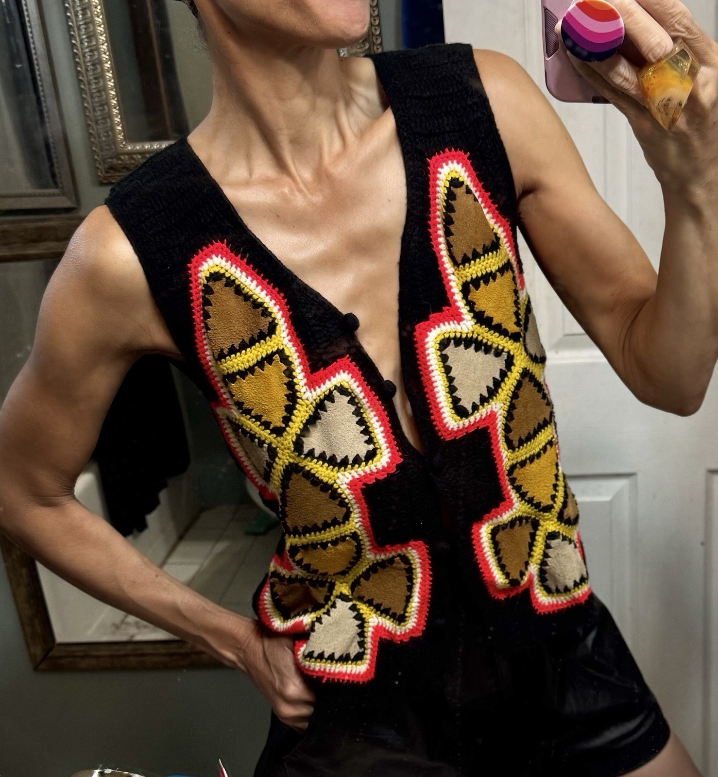 Vtg Aware Taiwan Acrylic Leather Crochet Sweater Vest Top 70s Rare Boho S M L
