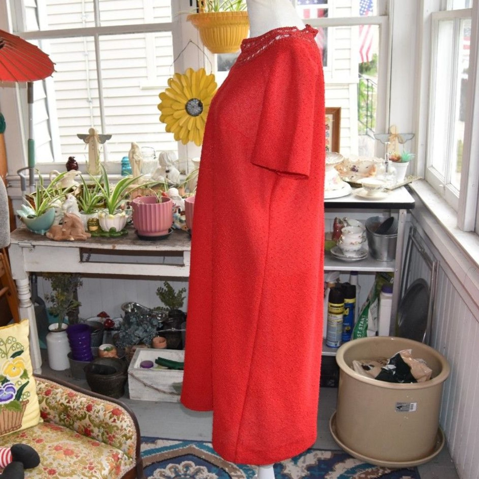 Vintage Leslie Pomer Red Knit Shift Dress Crochet Yoke ILGWU USA Women’s XL