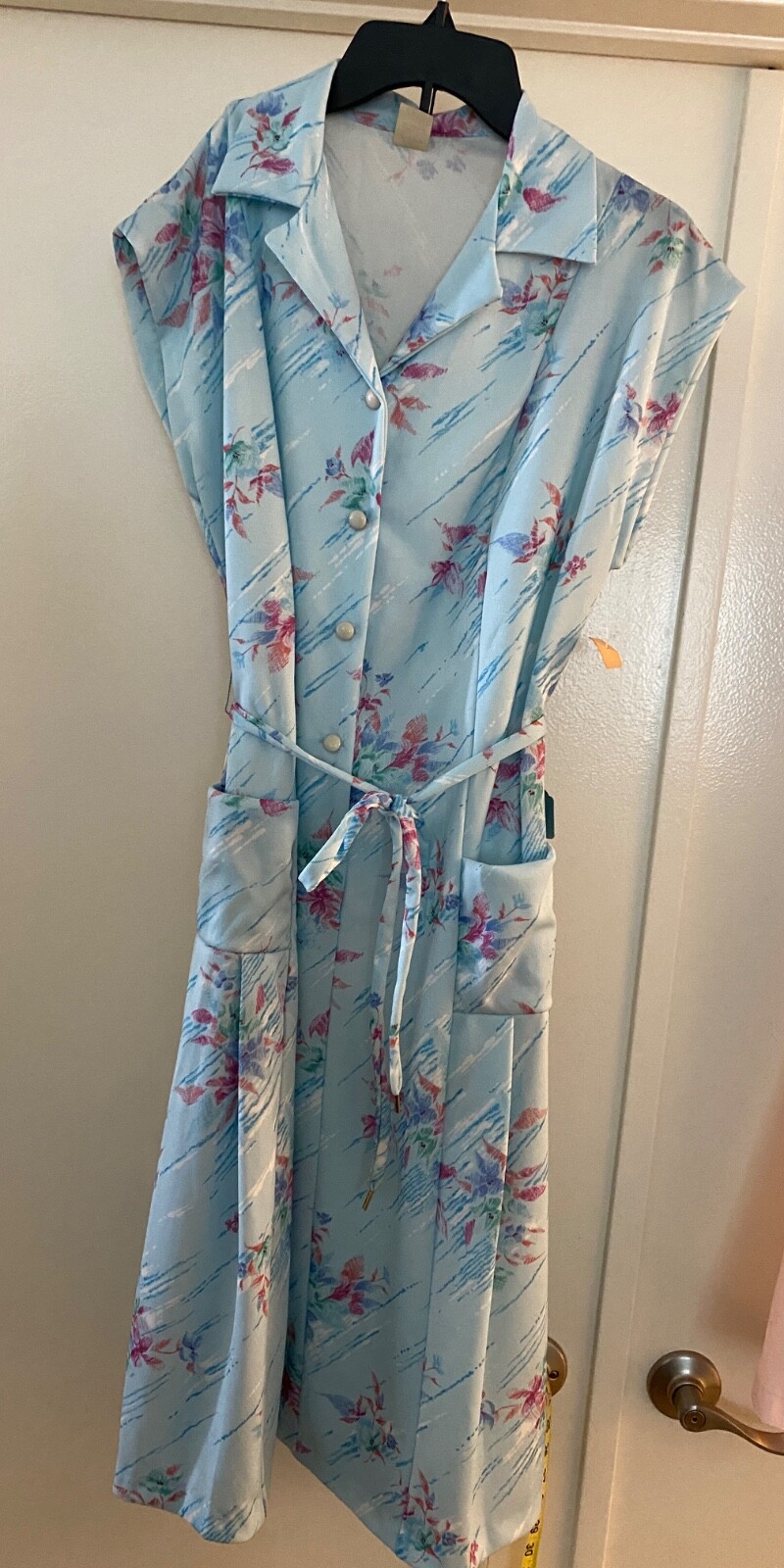 VTG 70s House Dress Women Floral Vneck Collar Button Tie Waist Blue Pink Floral