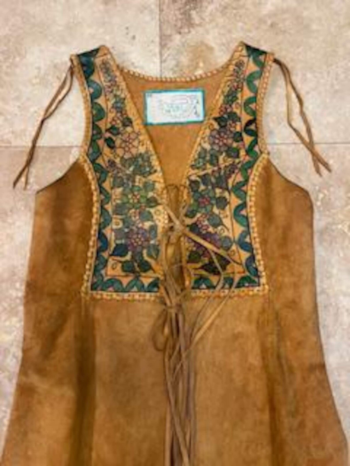 Vintage 70s Char Leather Vest Jacket Duster Hand Painted Whipstitched Hippy Boho
