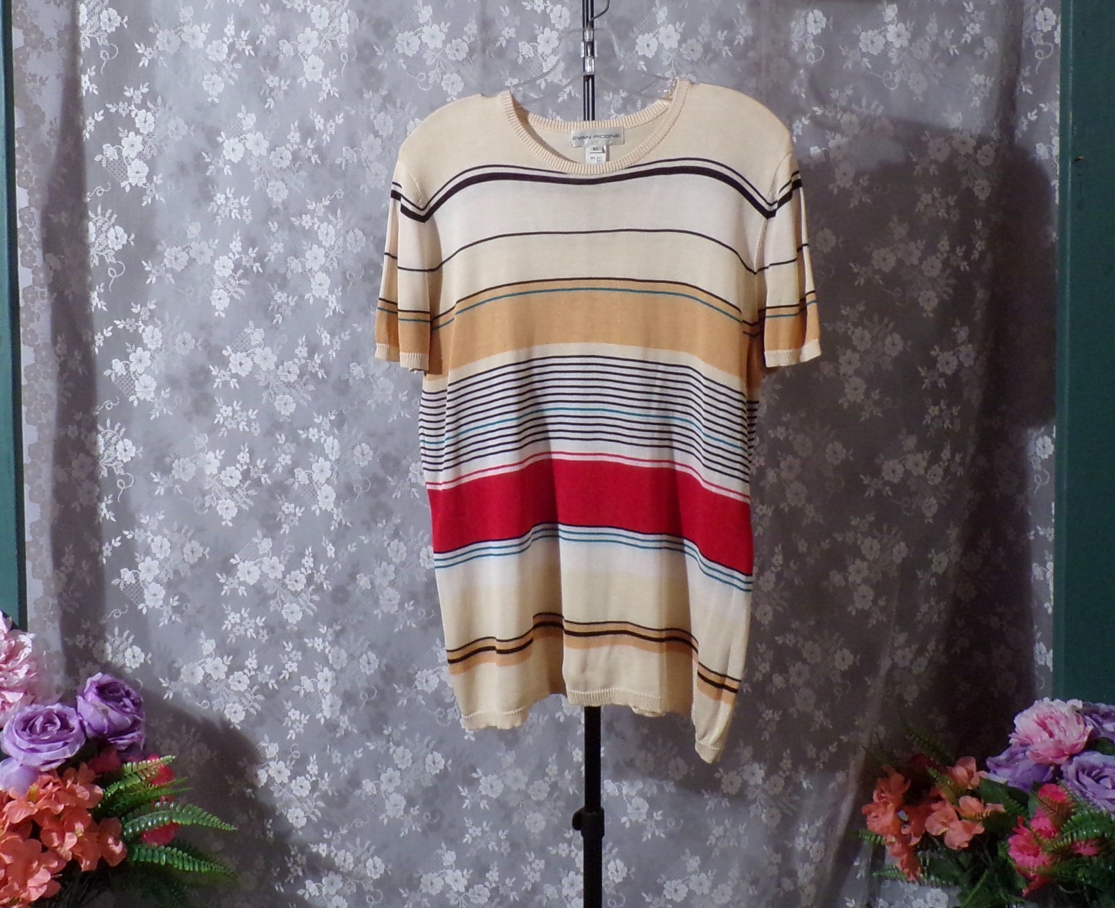 Vintage Striped Silk Top Size XL 90s Retro Evan Picone Classic Chic Blouse