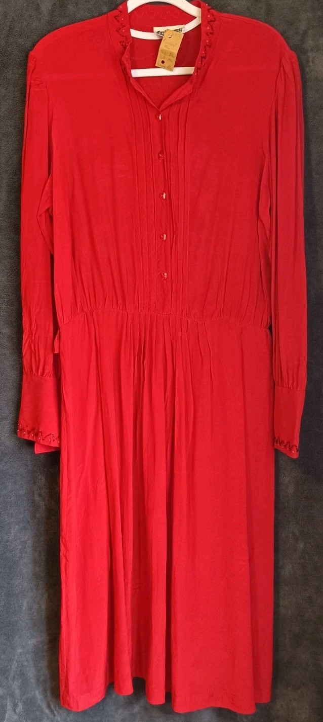 Vintage Dress 36 S 38 M Red Beaded Pintuck Midi Lepool Diffusion True Vintage
