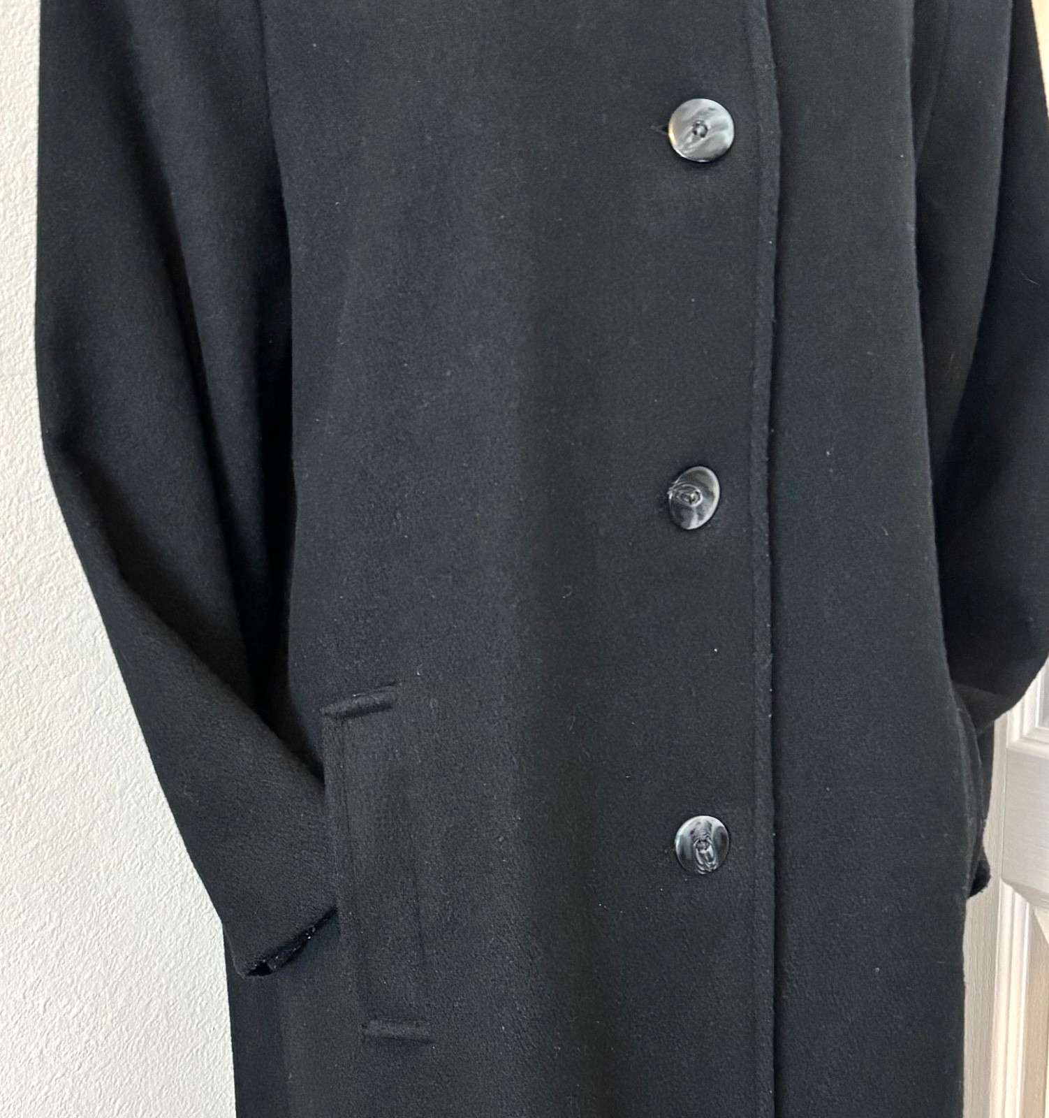 VTG ANDREA MARIN NEW YORK UNION MADE WMS BLACK WOOL BLEND COAT MAXI SEE MEASURE