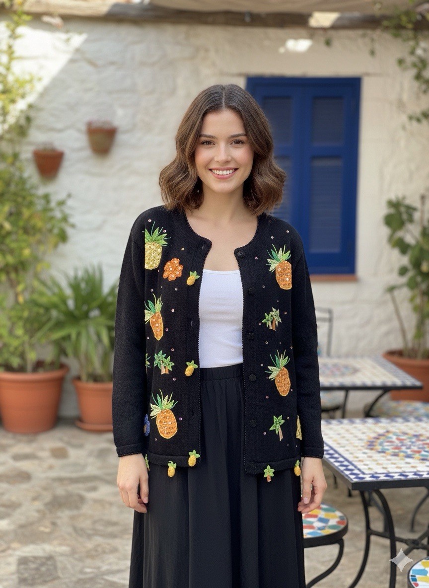 Jack B. Quick Pineapple Cardigan Size Petite Large Tropical Palm Trees 90’s