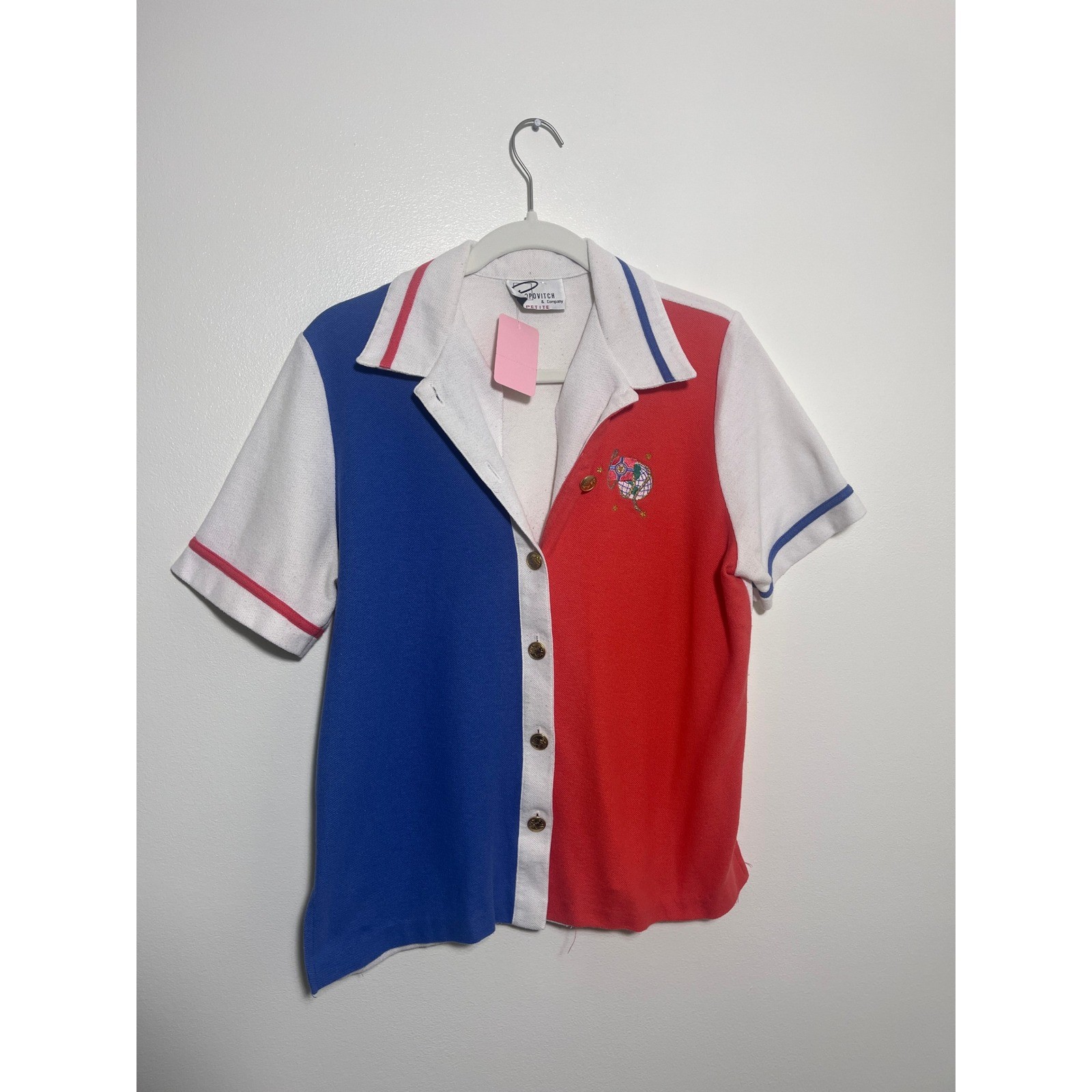 Vintage Popovitch & Co Colorblock Button Down Shirt Red White Blue Petite Pique