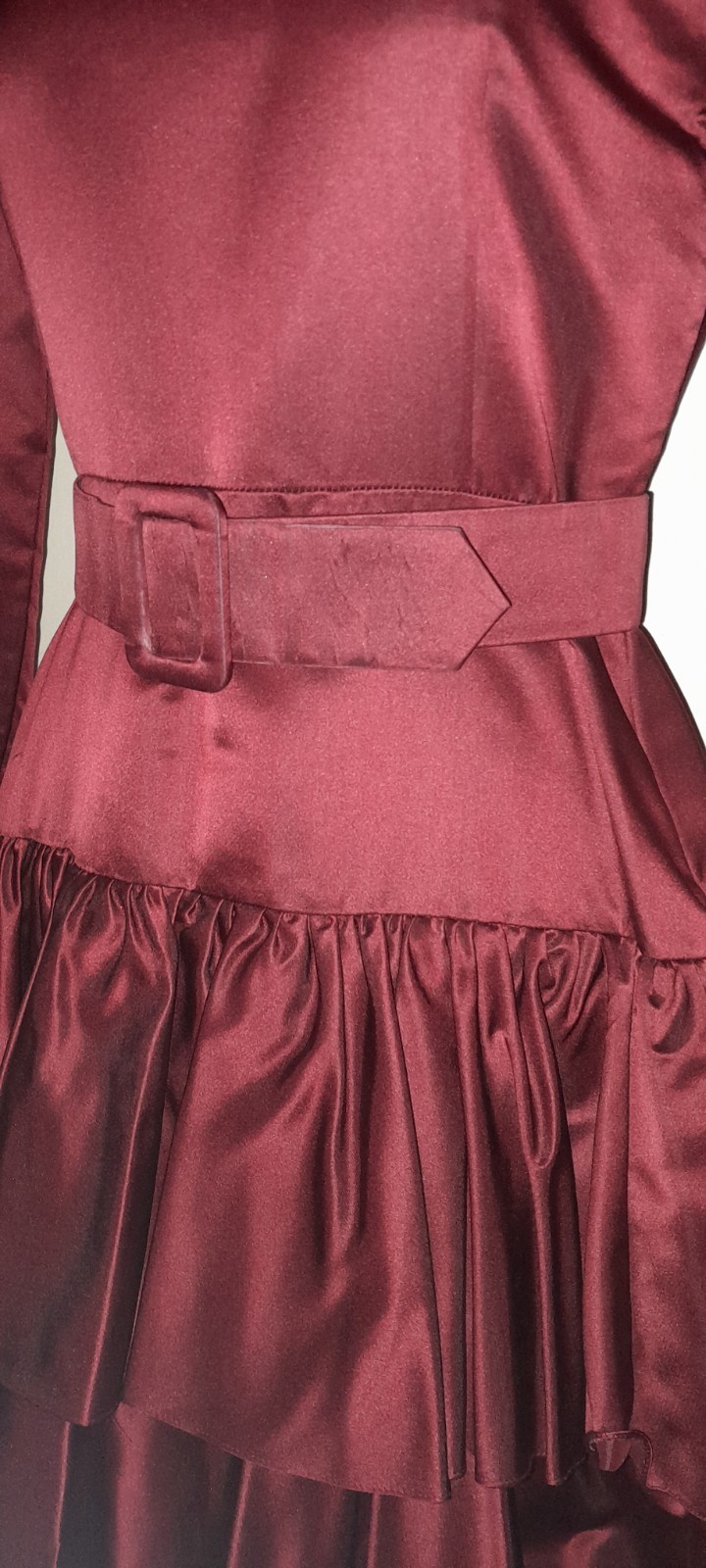 Vtg 70s 80s Designer WILLIAM PEARSON Burgundy Satin Silk Ruffle Tier Party Dress
