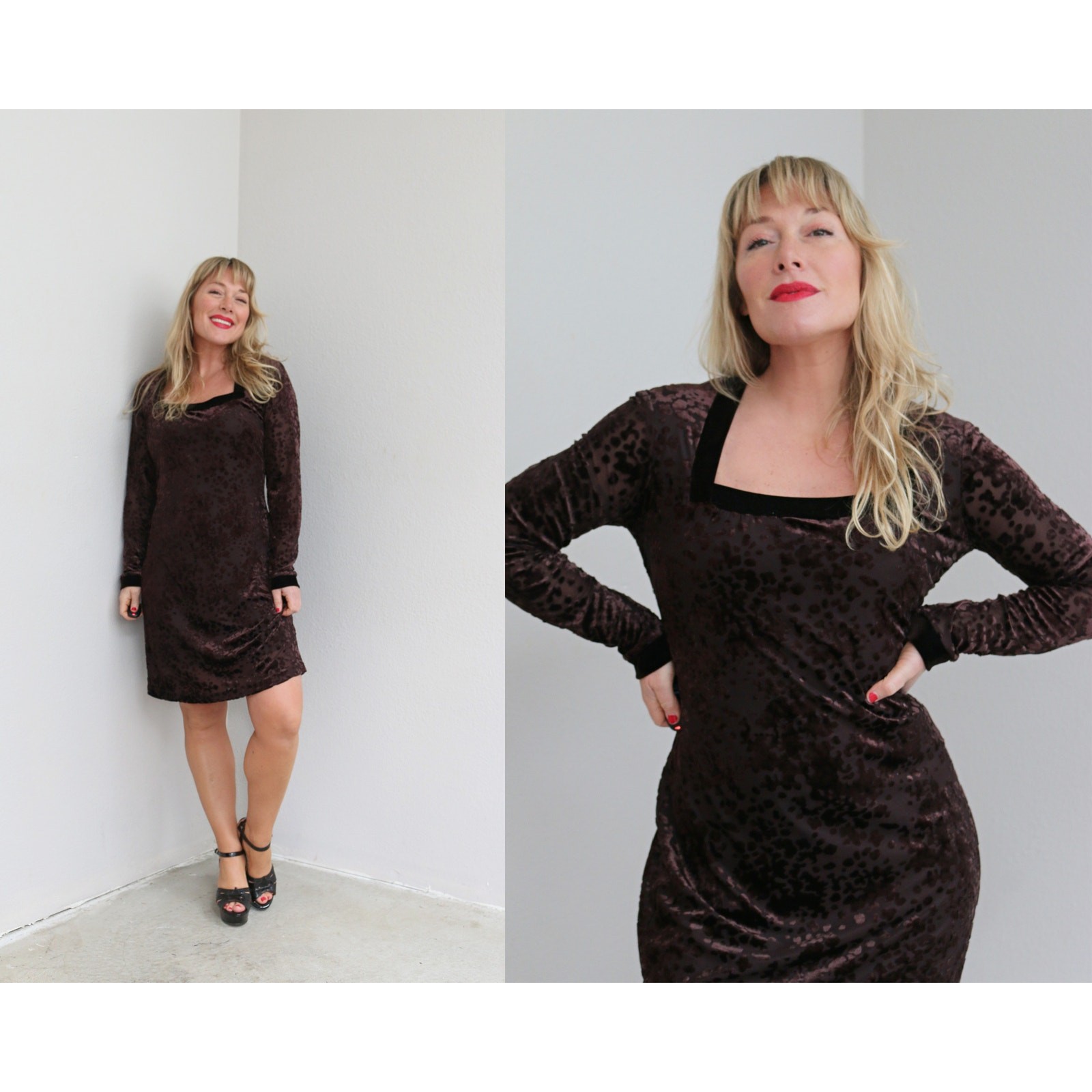 1990’s Vintage Mica Cocoa Burnout Velvet Sheath Midi 90’s Dress ~ Women’s MD LG