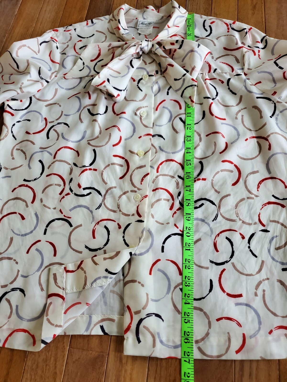 Vtg 80s Manor Park Cream Geometric Prints Front Tie Bow Button Up Blouse Sz L/XL