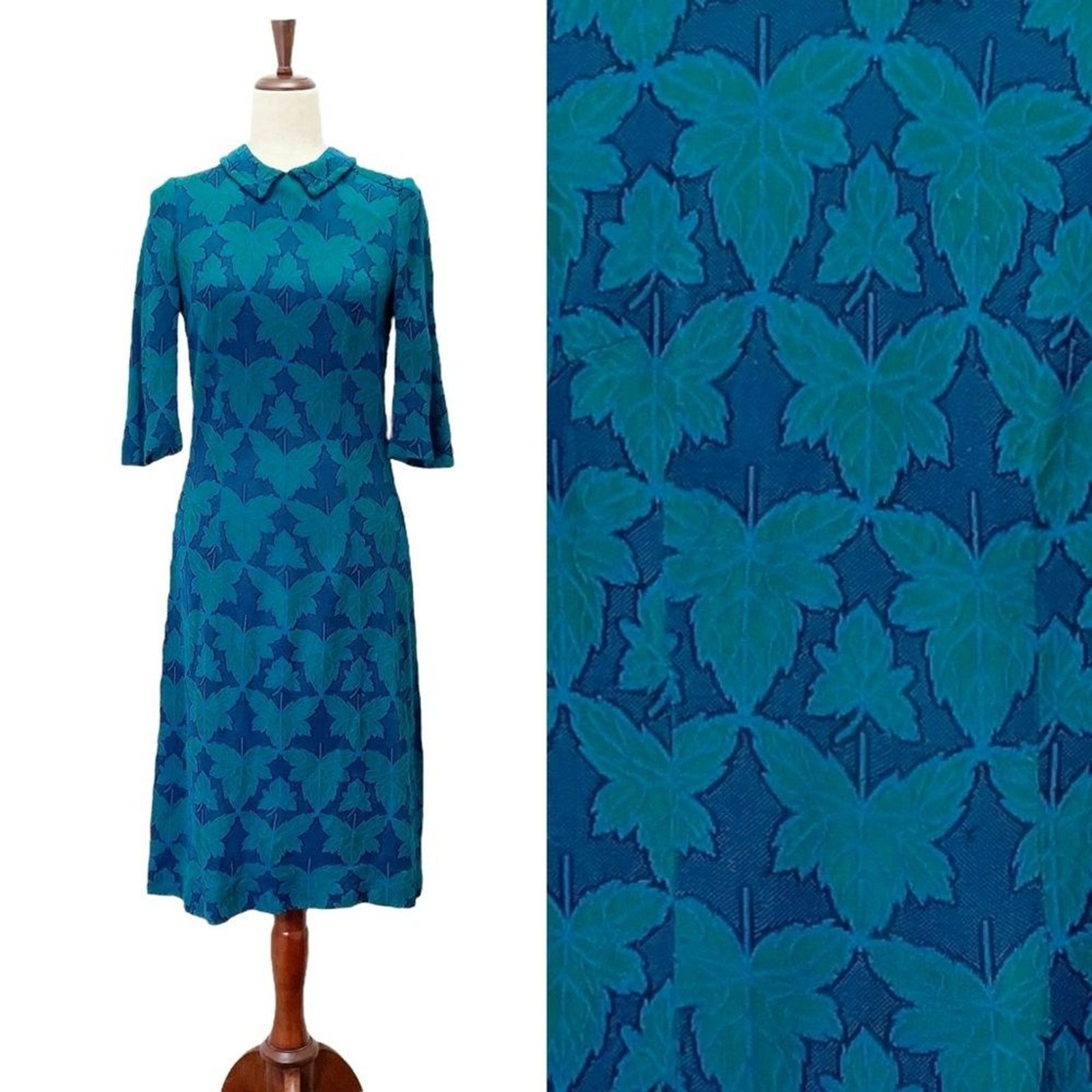 Vintage 1960s Jean Lang Original Blue Green Jacquard Leaf Print Dress Mod A-Line