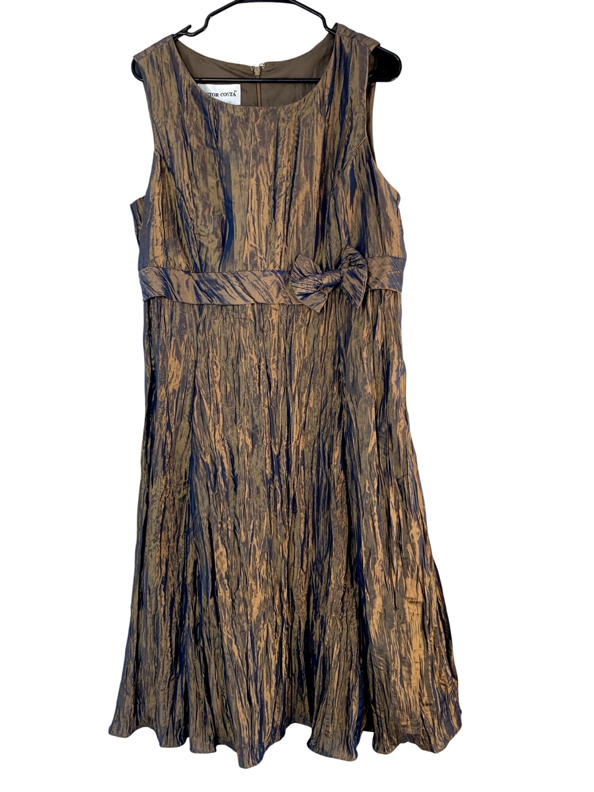 Victor Costa Vintage Metallic Gold Blue Evening Cocktail Dress 14 NWOT Crinkle