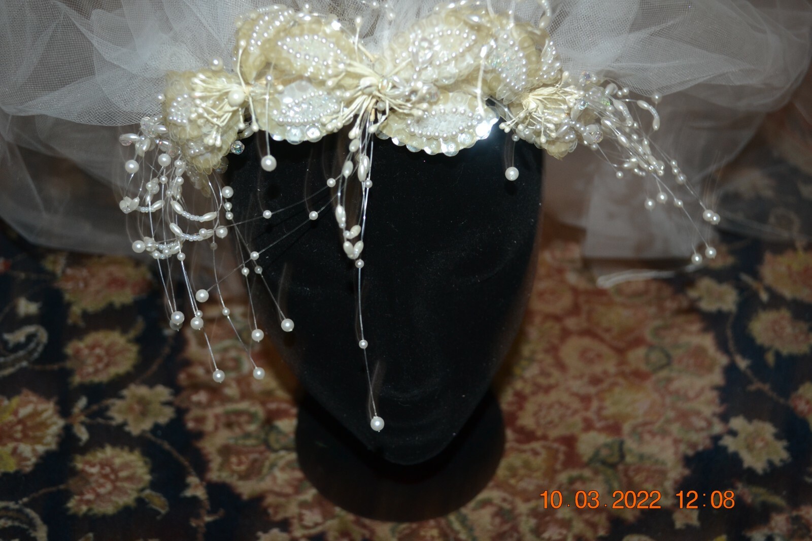 Vintage wedding veil w Pearls & Sequins Headband Double Veil Shoulder Length