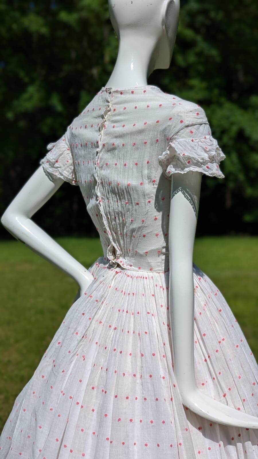 CIVIL WAR ERA SHEER PINK SWISS DOT MUSLIN SUMMER DRESS W CAP SLEEVES