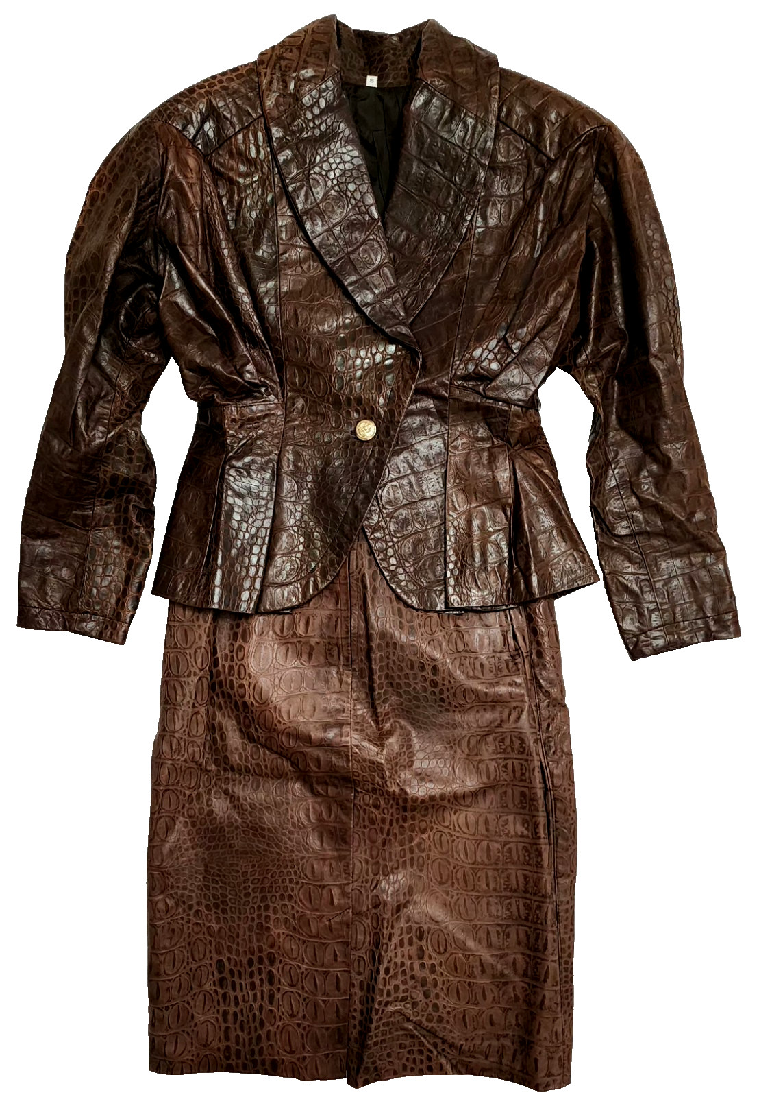 Vintage 80’s 2 Piece Set Brown Crocodile Embossed Leather Jacket & Pencil Skirt