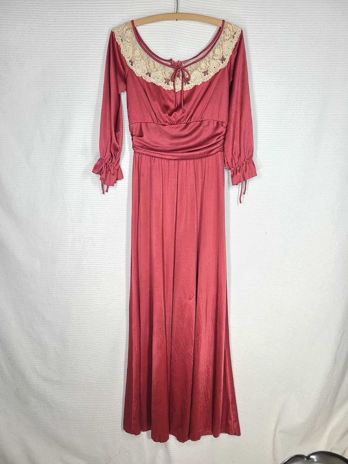 Vintage 1970s Long Dress 14 L Burgundy Liquid Knit Lace Mesh Bust Poly Union Tag