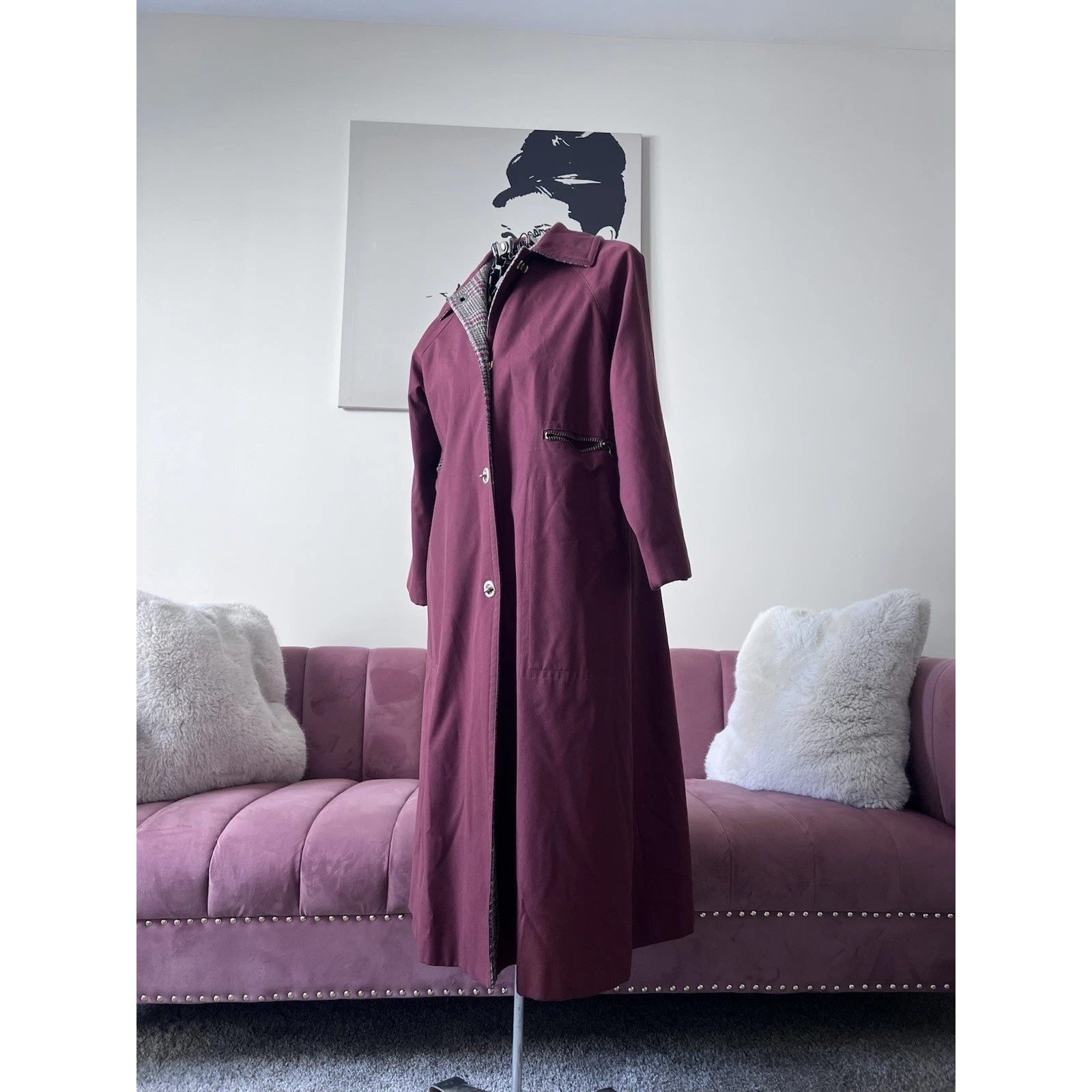 VTG Bonnie Cashin for Russ Taylor Trench Coat Burgundy Plaid Swing Long Large