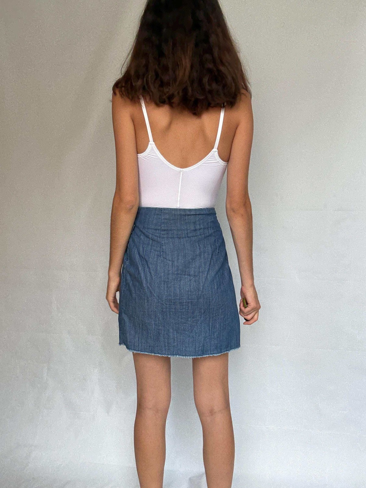 Desigual blue denim wrap skirt with asymmetrical lines and embroidery details, b