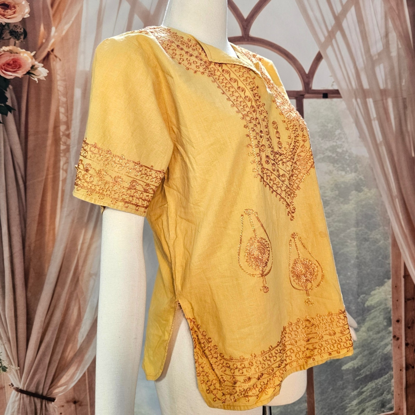 Vintage 1970s Blouse Top Shirt Mustard Yellow Embroidered India Short Sleeve