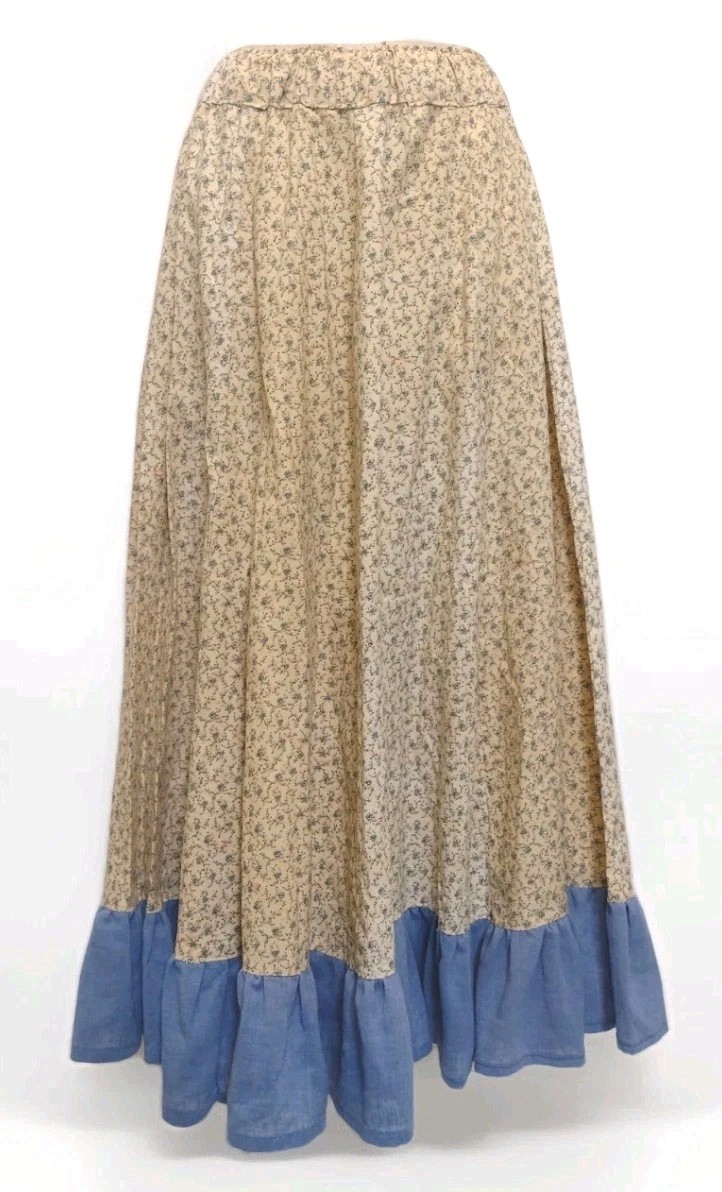 VTG 70s Prairie Maxi Skirt Cottagecore Calico Floral Blue Ruffle Boho Romantic M