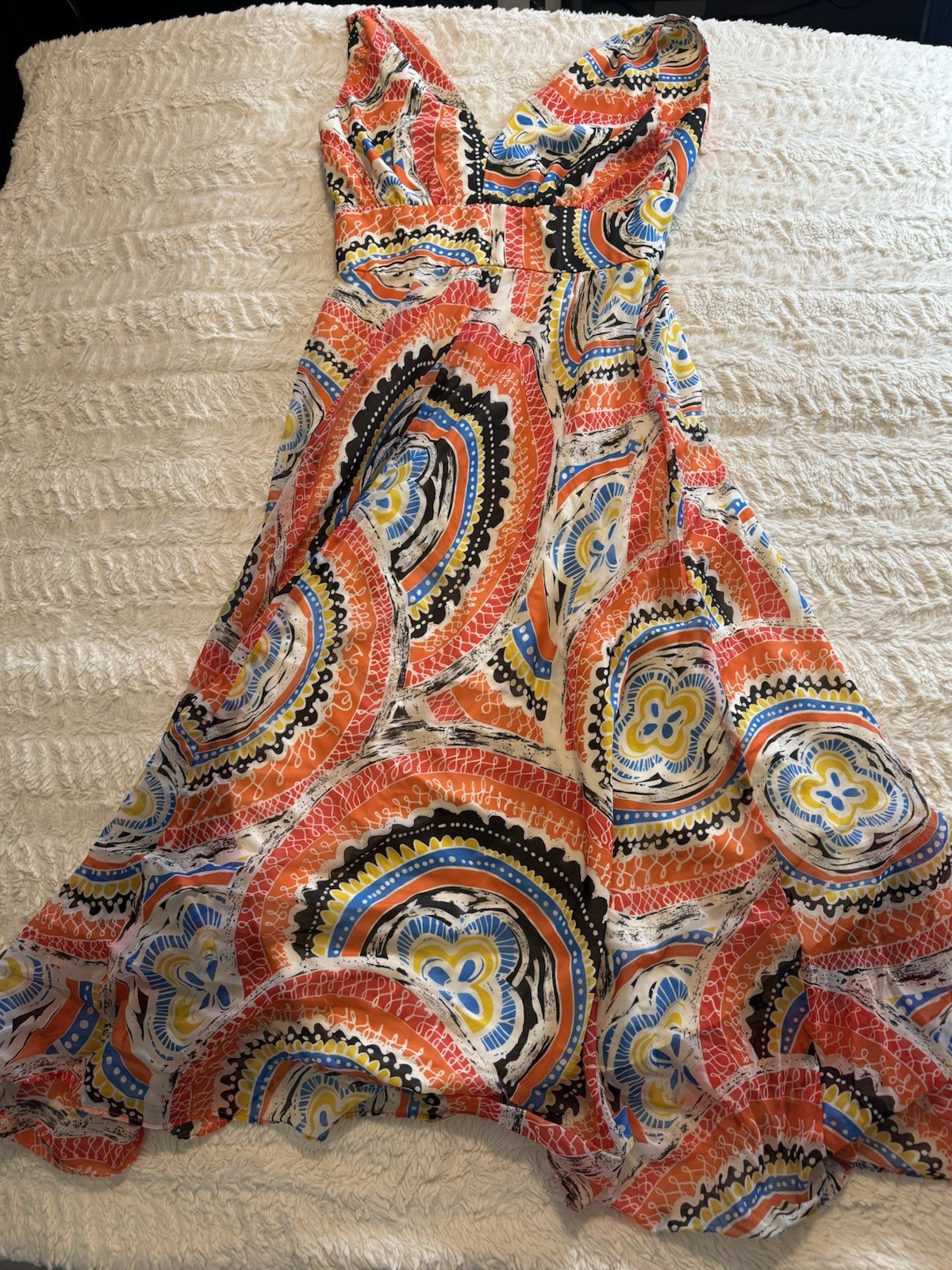 Vintage 1970s Psychedelic Mandala Maxi Dress Boho Festival V Neck Paisley Medium
