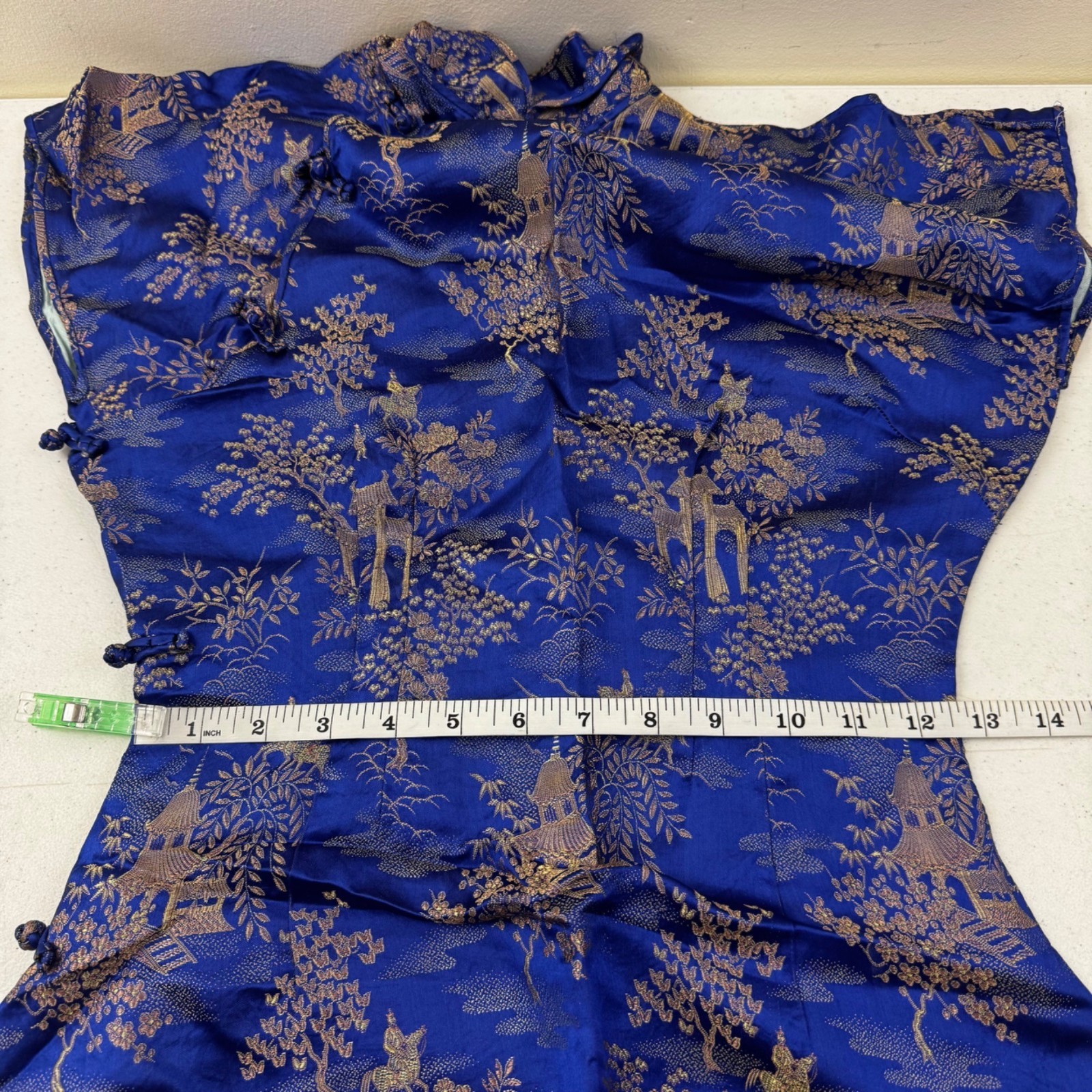 Vintage Blue & Gold Asian Brocade Cheongsam Dress With High Collar & Side Button