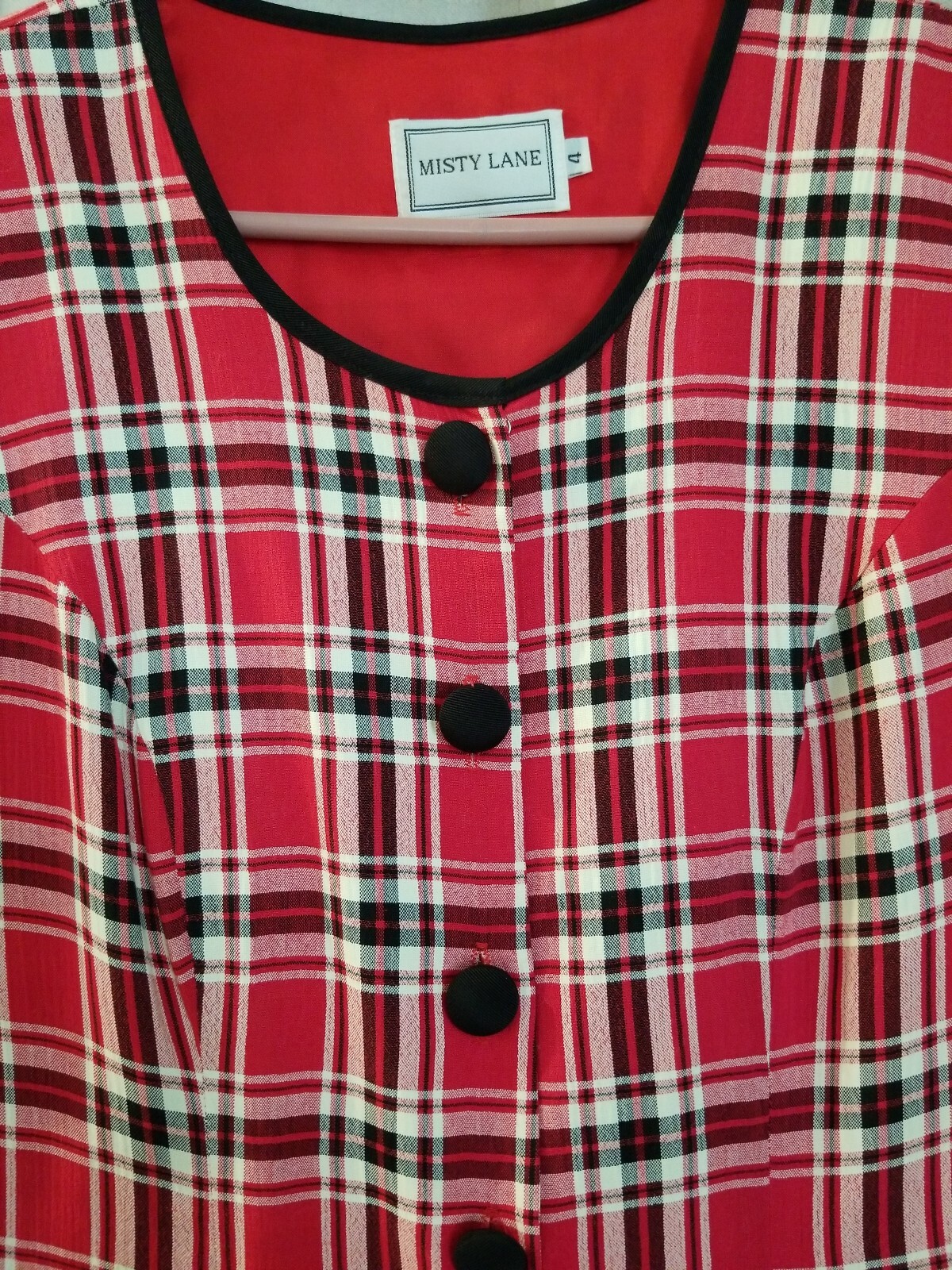 MISTY LANE ILGWU Union Label Red Black White PLAID Midi DRESSS Vtg 80s Sz 4