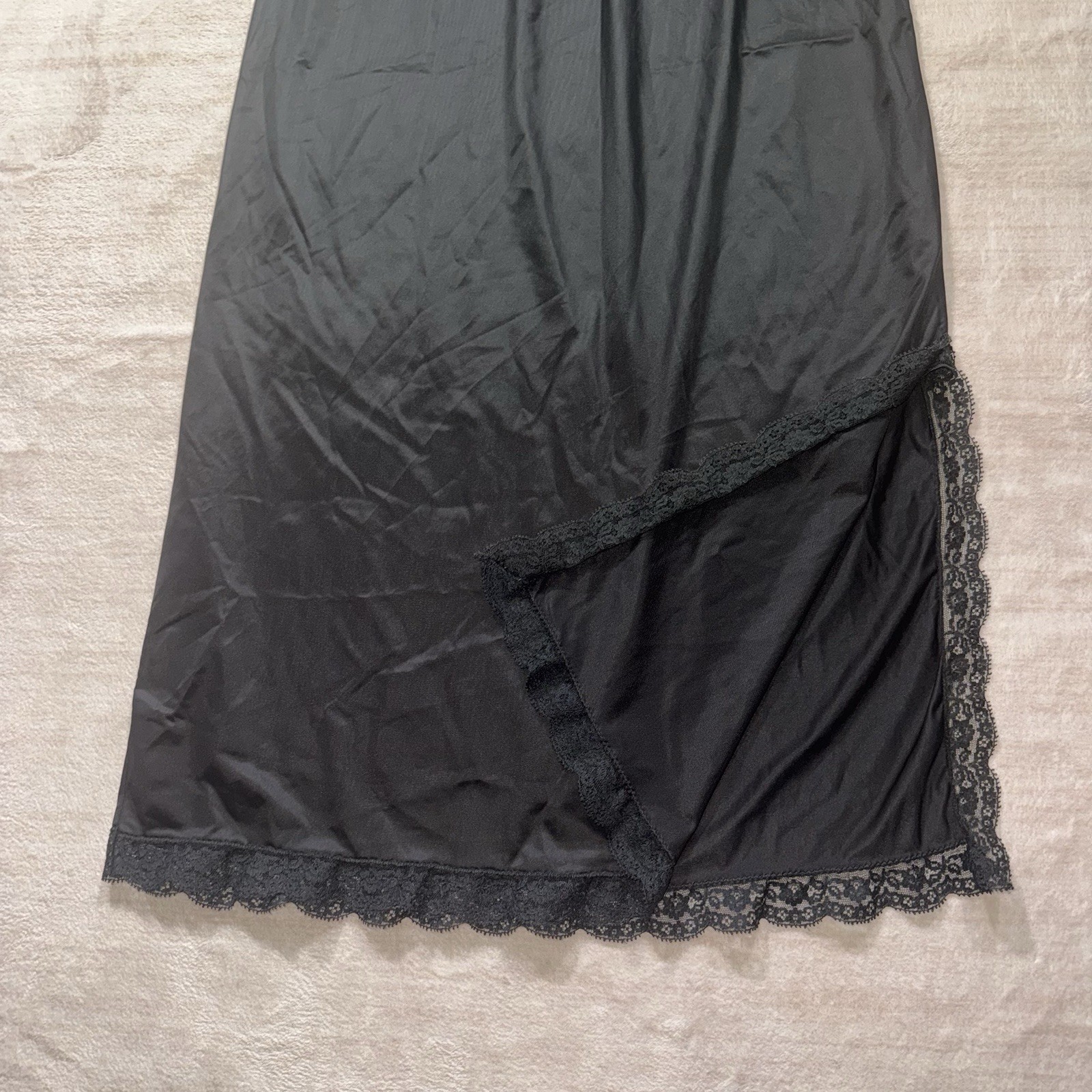 Vintage Velrose Black Maxi Slip Medium 36” Nylon Lace Trim Elastic Waist USA