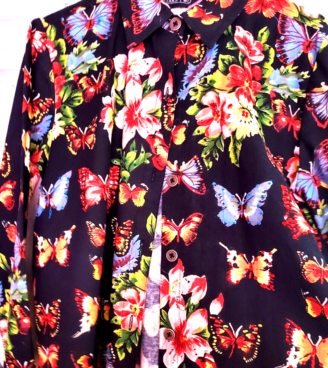 Vintage Take Two Cotton Black Canvas floral butterflys sequin jacket size small