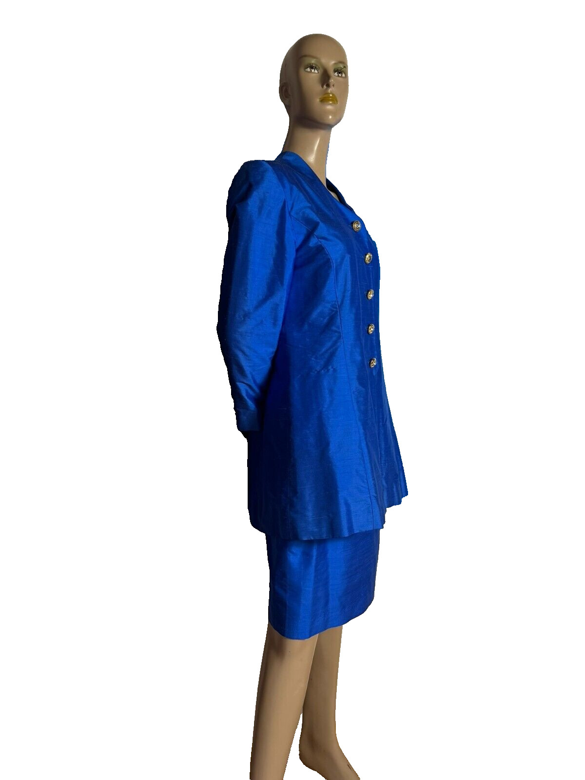 Vintage Silk Costume Royal Blue 38 40 Blazer Coat Jacket Pencil Skirt 80s 90s