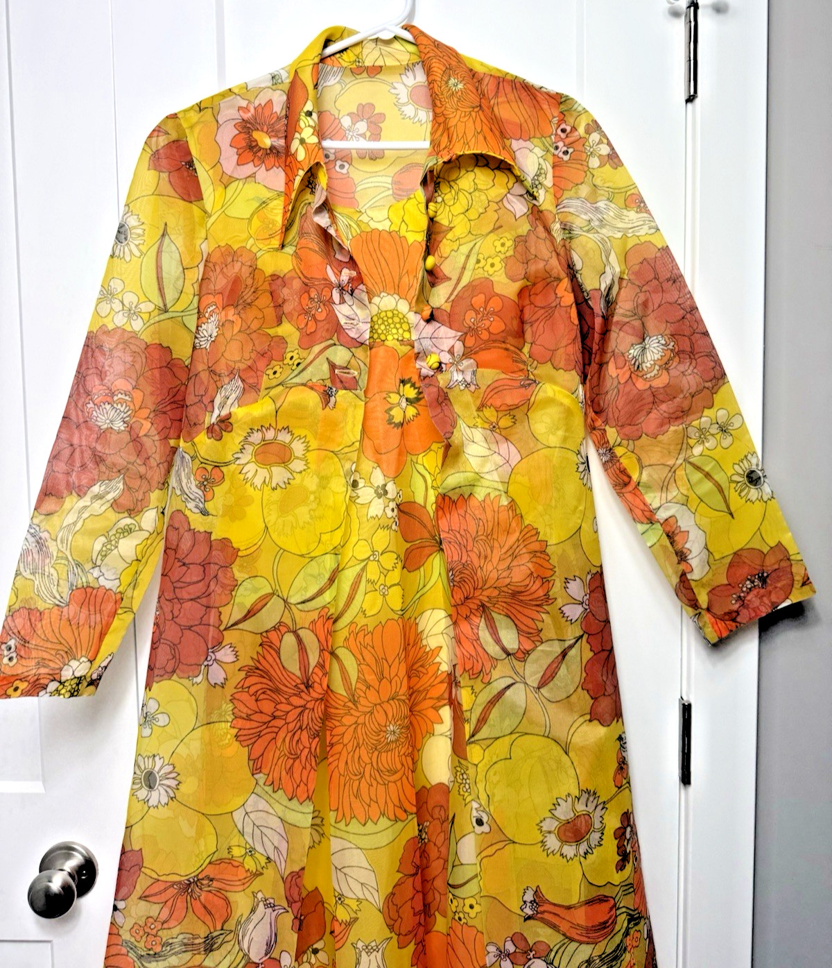 Vtg 60’S Groovy Orange Yellow Sheer Floral Maxi Dress Stiff Chiffon Long Jacket