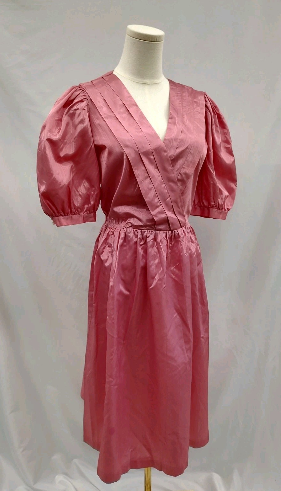 80’s Vintage Dress Mauve Moire Taffeta Puff Sleeve Midi Length Cross Front Sz L