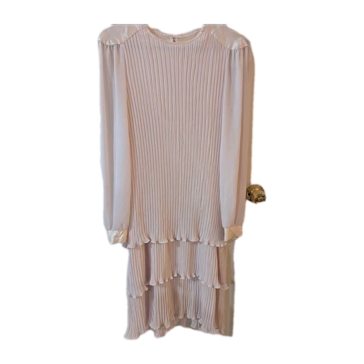 Vintage Flapper Dress Sz 12 Rouched Layers Pink Ruffles USA Long Sheer Sleeves